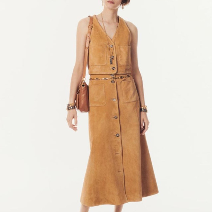 NIGO Chanel Women's Spring, Autumn And Winter Single-breasted Floral Long Sleeve Short Leather Jacket Casual V-neck Leather Vest Pure Color High Street Style Leather Long Half Skirt Suit Set #nigo71636