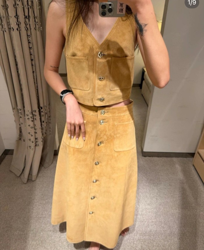 NIGO Chanel Women's Spring, Autumn And Winter Single-breasted Floral Long Sleeve Short Leather Jacket Casual V-neck Leather Vest Pure Color High Street Style Leather Long Half Skirt Suit Set #nigo71636