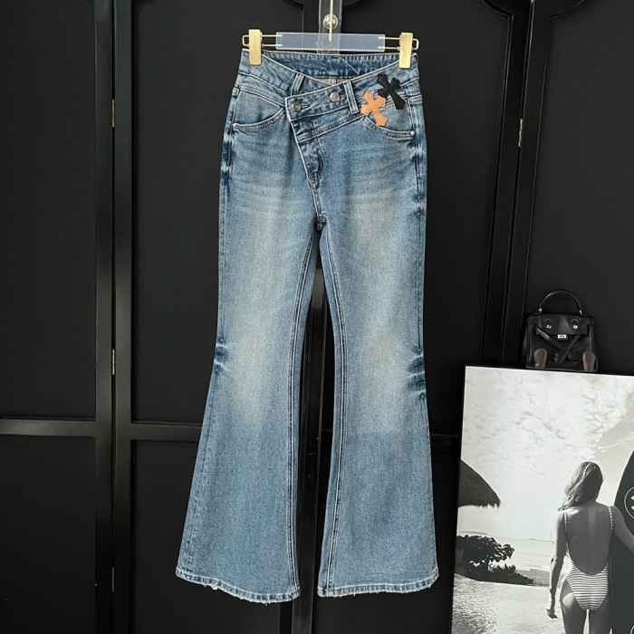 NIGO Chrome Hearts Women's Spring And Fall Blue High-waisted Thin Slim Stretch Flare Jeans Pants #nigo73217