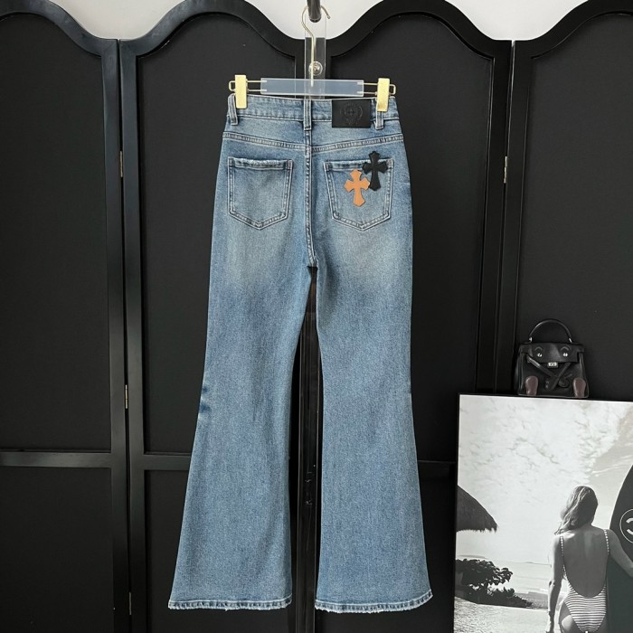 NIGO Chrome Hearts Women's Spring And Fall Blue High-waisted Thin Slim Stretch Flare Jeans Pants #nigo73217