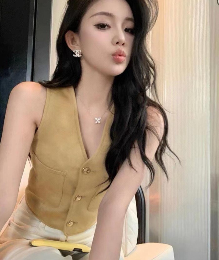 NIGO Chanel Women's Spring, Autumn And Winter Single-breasted Floral Long Sleeve Short Leather Jacket Casual V-neck Leather Vest Pure Color High Street Style Leather Long Half Skirt Suit Set #nigo71636