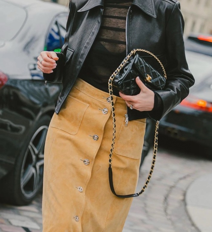 NIGO Chanel Women's Spring, Autumn And Winter Single-breasted Floral Long Sleeve Short Leather Jacket Casual V-neck Leather Vest Pure Color High Street Style Leather Long Half Skirt Suit Set #nigo71636