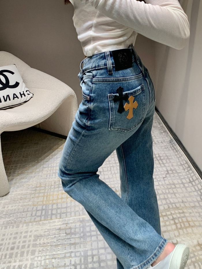 NIGO Chrome Hearts Women's Spring And Fall Blue High-waisted Thin Slim Stretch Flare Jeans Pants #nigo73217