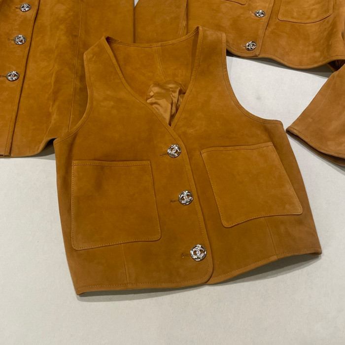 NIGO Chanel Women's Spring, Autumn And Winter Single-breasted Floral Long Sleeve Short Leather Jacket Casual V-neck Leather Vest Pure Color High Street Style Leather Long Half Skirt Suit Set #nigo71636