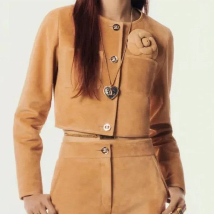 NIGO Chanel Women's Spring, Autumn And Winter Single-breasted Floral Long Sleeve Short Leather Jacket Casual V-neck Leather Vest Pure Color High Street Style Leather Long Half Skirt Suit Set #nigo71636