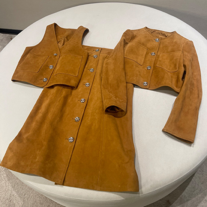 NIGO Chanel Women's Spring, Autumn And Winter Single-breasted Floral Long Sleeve Short Leather Jacket Casual V-neck Leather Vest Pure Color High Street Style Leather Long Half Skirt Suit Set #nigo71636