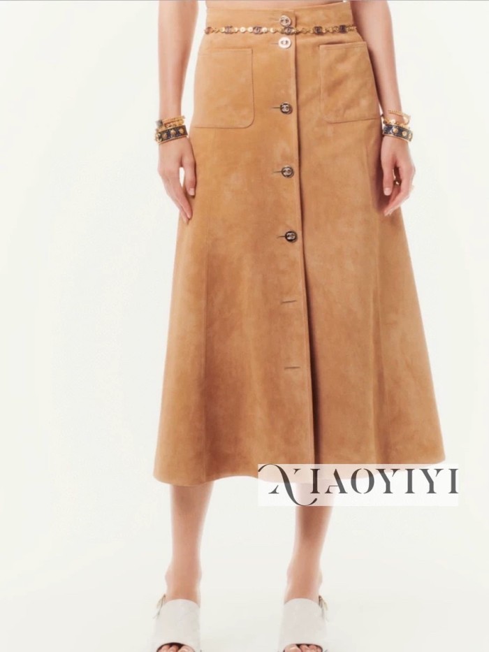 NIGO Chanel Women's Spring, Autumn And Winter Single-breasted Floral Long Sleeve Short Leather Jacket Casual V-neck Leather Vest Pure Color High Street Style Leather Long Half Skirt Suit Set #nigo71636