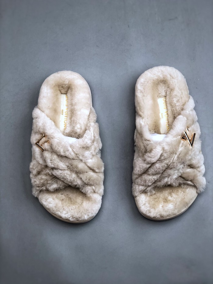 NIGO Louis Vuitton Women's Spring and Autumn Solid Color Wool Leather Upper Letter Metal Decoration Flat Bottom One Slippers Shoes #nigo73215