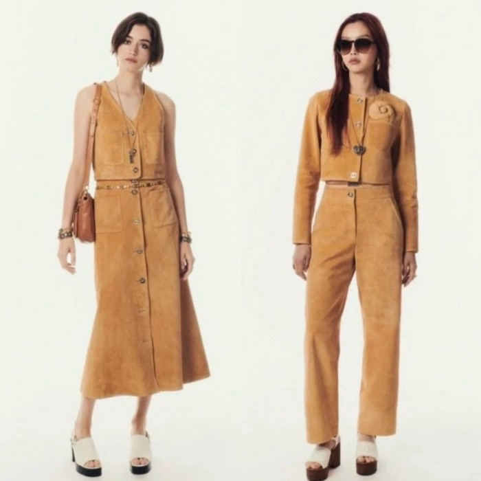 NIGO Chanel Women's Spring, Autumn And Winter Single-breasted Floral Long Sleeve Short Leather Jacket Casual V-neck Leather Vest Pure Color High Street Style Leather Long Half Skirt Suit Set #nigo71636