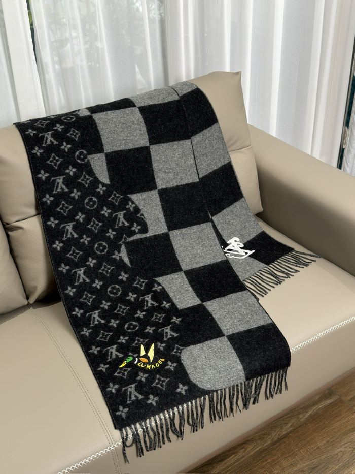NIGO Louis Vuitton Men's Black Gray Embroidered Duck Pattern Cashmere Scarf #nigo73219