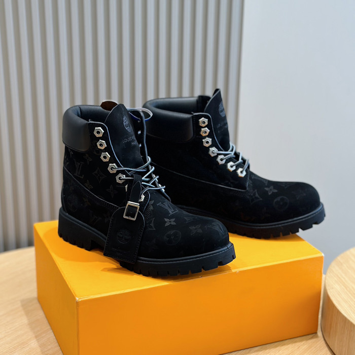 NIGO Louis Vuitton Men's And Women's Fall And Winter Old Flower Print Round Head Lace Up Embossed Waterproof Suede And Ankle Boots Martin Boots Shoes #nigo73226