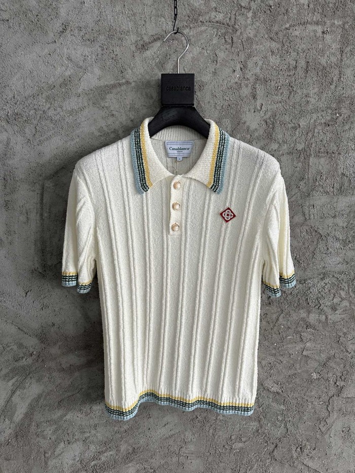 NIGO Casablanca Men's Summer White Striped Trim Comfortable Ribbed Knit Short Sleeve Polo T-Shirt #nigo73227