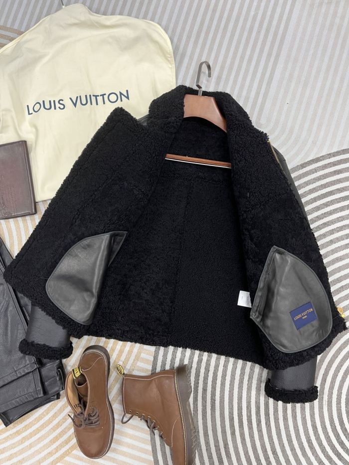 NIGO Louis Vuitton Men's Fall/Winter Black Logo Print Embossed Leather Long Sleeve Zipper Jacket #nigo73254