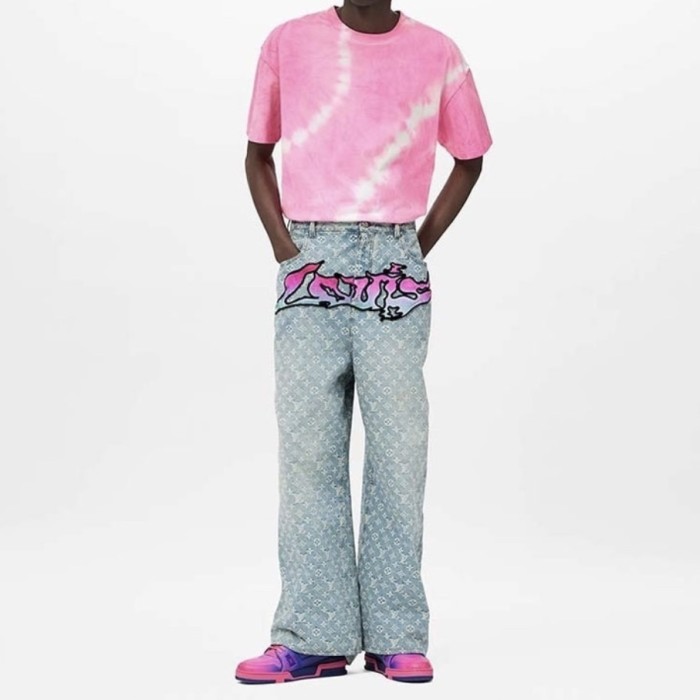 NIGO Louis Vuitton Men's Spring and Autumn Blue Logo Full Print Letter Graffiti Jeans Pants #nigo73256