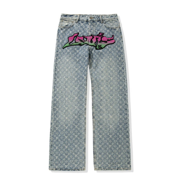 NIGO Louis Vuitton Men's Spring and Autumn Blue Logo Full Print Letter Graffiti Jeans Pants #nigo73256