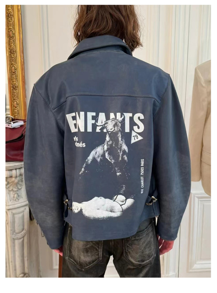 NIGO Enfants Riches Deprimes Men's Spring, Autumn And Winter Washed And Aged Crackle Pattern Printed Zipper Solid Color Long Sleeve Cowhide Jacket Ngvp #nigo9337