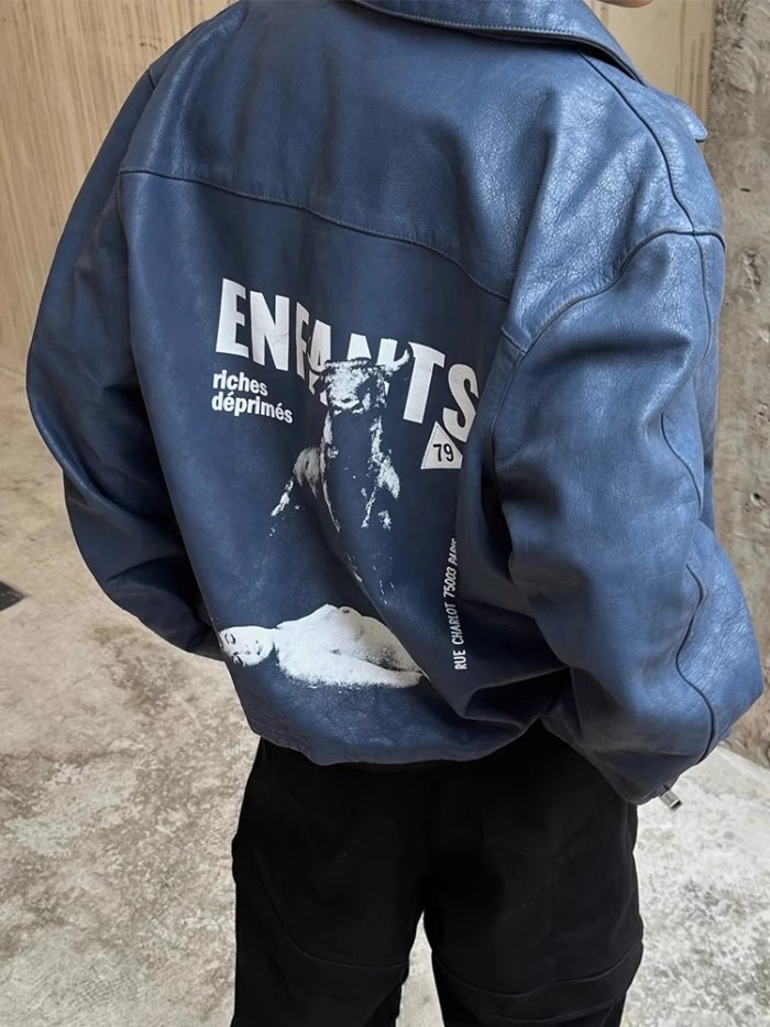 NIGO Enfants Riches Deprimes Men's Spring, Autumn And Winter Washed And Aged Crackle Pattern Printed Zipper Solid Color Long Sleeve Cowhide Jacket Ngvp #nigo9337