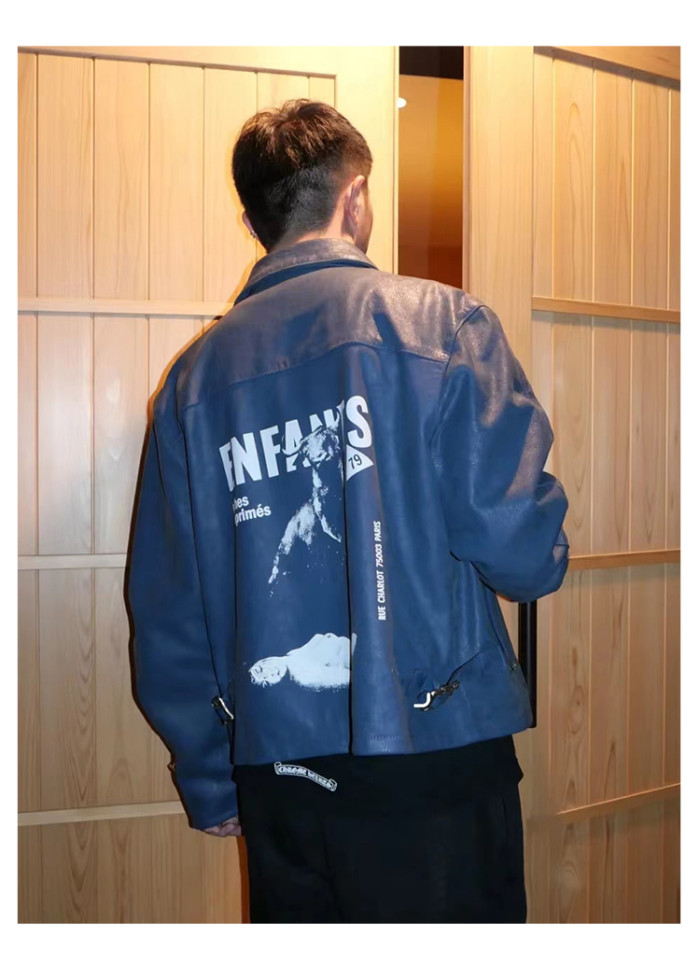 NIGO Enfants Riches Deprimes Men's Spring, Autumn And Winter Washed And Aged Crackle Pattern Printed Zipper Solid Color Long Sleeve Cowhide Jacket Ngvp #nigo9337