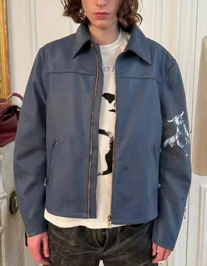 NIGO Enfants Riches Deprimes Men's Spring, Autumn And Winter Washed And Aged Crackle Pattern Printed Zipper Solid Color Long Sleeve Cowhide Jacket Ngvp #nigo9337