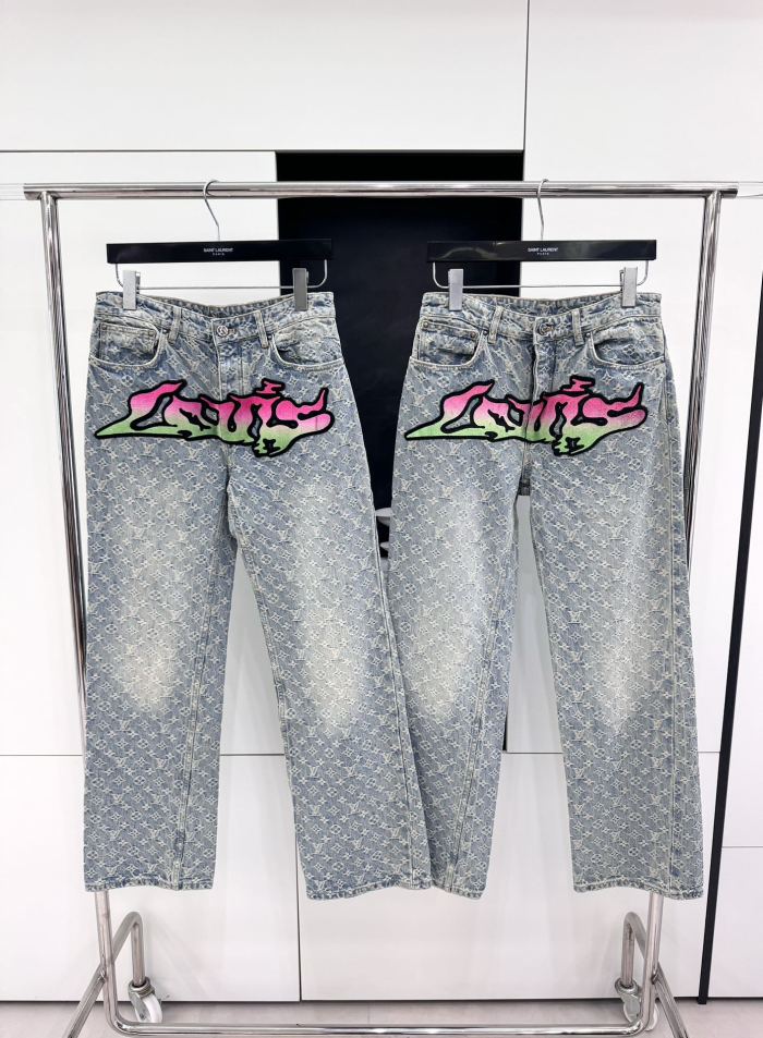 NIGO Louis Vuitton Men's Spring and Autumn Blue Logo Full Print Letter Graffiti Jeans Pants #nigo73256
