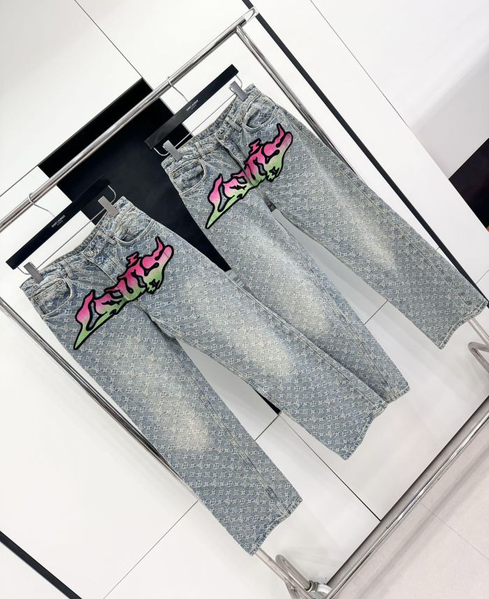 NIGO Louis Vuitton Men's Spring and Autumn Blue Logo Full Print Letter Graffiti Jeans Pants #nigo73256