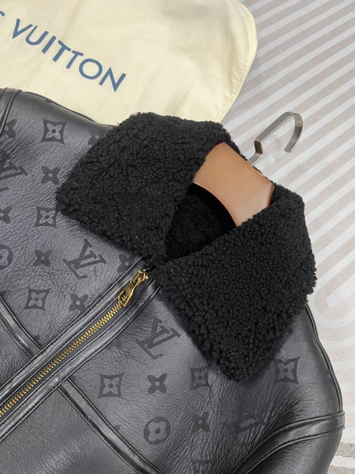 NIGO Louis Vuitton Men's Fall/Winter Black Logo Print Embossed Leather Long Sleeve Zipper Jacket #nigo73254