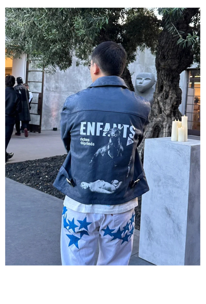 NIGO Enfants Riches Deprimes Men's Spring, Autumn And Winter Washed And Aged Crackle Pattern Printed Zipper Solid Color Long Sleeve Cowhide Jacket Ngvp #nigo9337