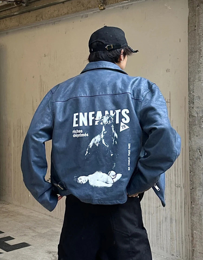 NIGO Enfants Riches Deprimes Men's Spring, Autumn And Winter Washed And Aged Crackle Pattern Printed Zipper Solid Color Long Sleeve Cowhide Jacket Ngvp #nigo9337