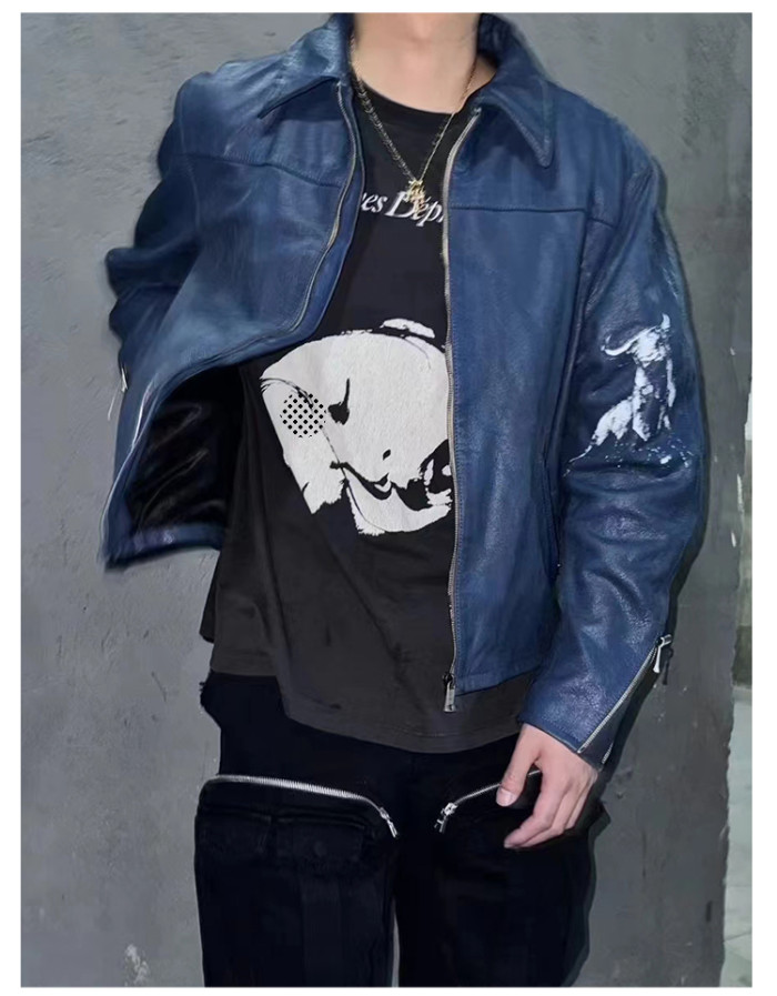 NIGO Enfants Riches Deprimes Men's Spring, Autumn And Winter Washed And Aged Crackle Pattern Printed Zipper Solid Color Long Sleeve Cowhide Jacket Ngvp #nigo9337