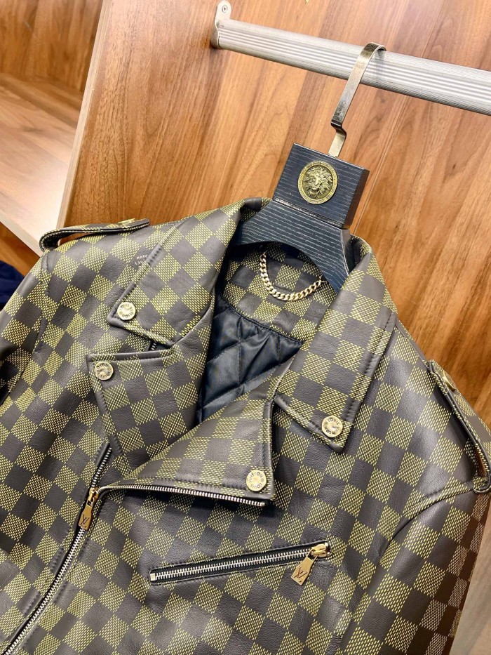 NIGO Louis Vuitton Men's Autumn and Winter Checkerboard Print Zipper Short Lapel Long Sleeve Leather Jacket #nigo73267