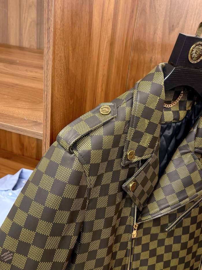 NIGO Louis Vuitton Men's Autumn and Winter Checkerboard Print Zipper Short Lapel Long Sleeve Leather Jacket #nigo73267