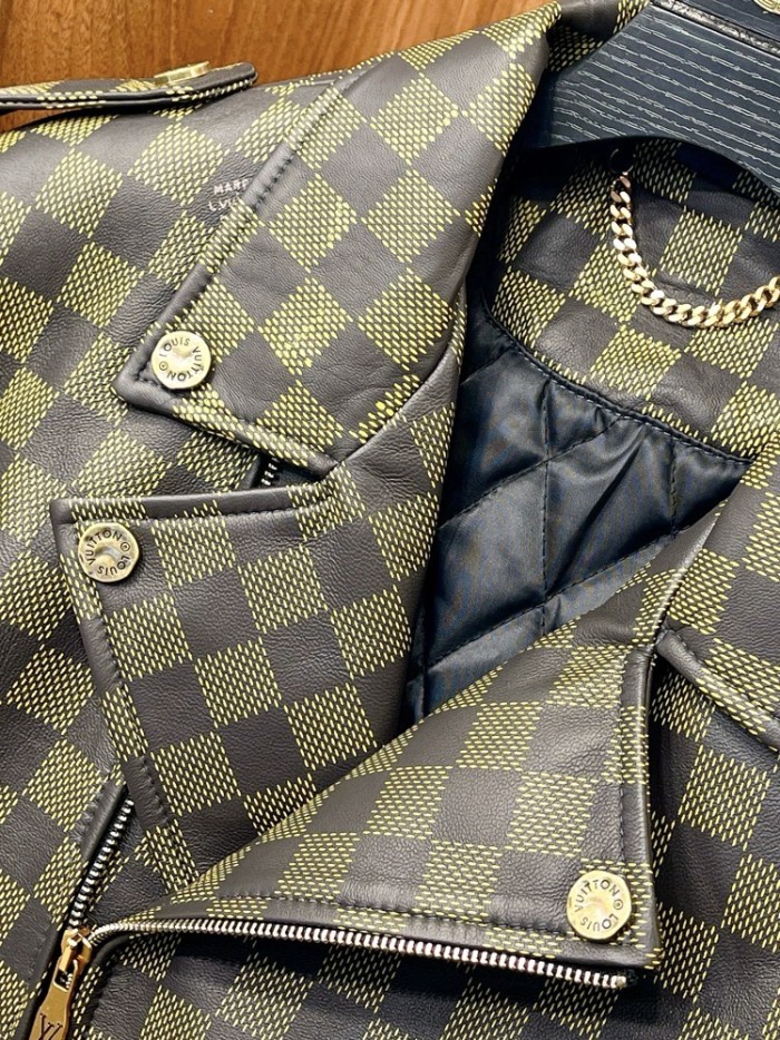 NIGO Louis Vuitton Men's Autumn and Winter Checkerboard Print Zipper Short Lapel Long Sleeve Leather Jacket #nigo73267