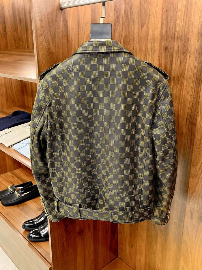 NIGO Louis Vuitton Men's Autumn and Winter Checkerboard Print Zipper Short Lapel Long Sleeve Leather Jacket #nigo73267