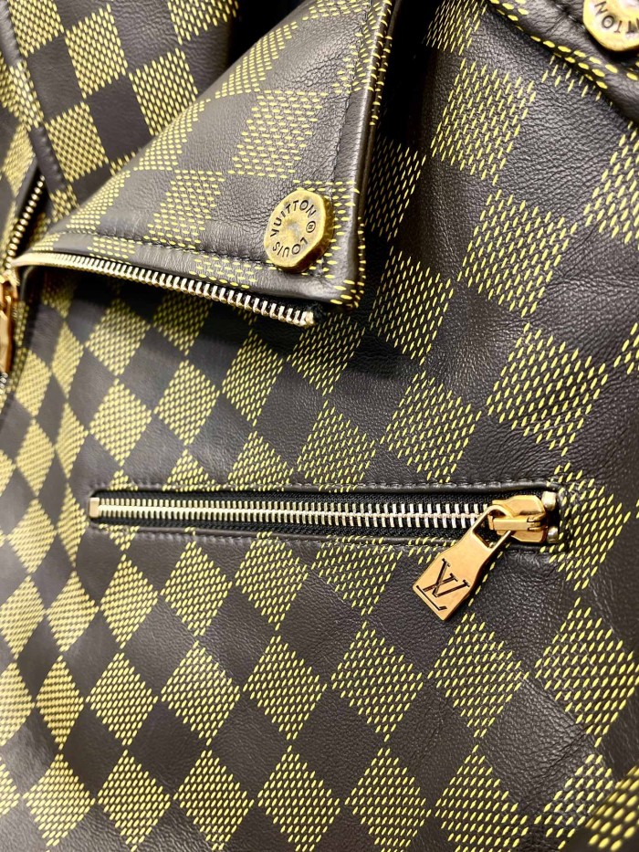 NIGO Louis Vuitton Men's Autumn and Winter Checkerboard Print Zipper Short Lapel Long Sleeve Leather Jacket #nigo73267