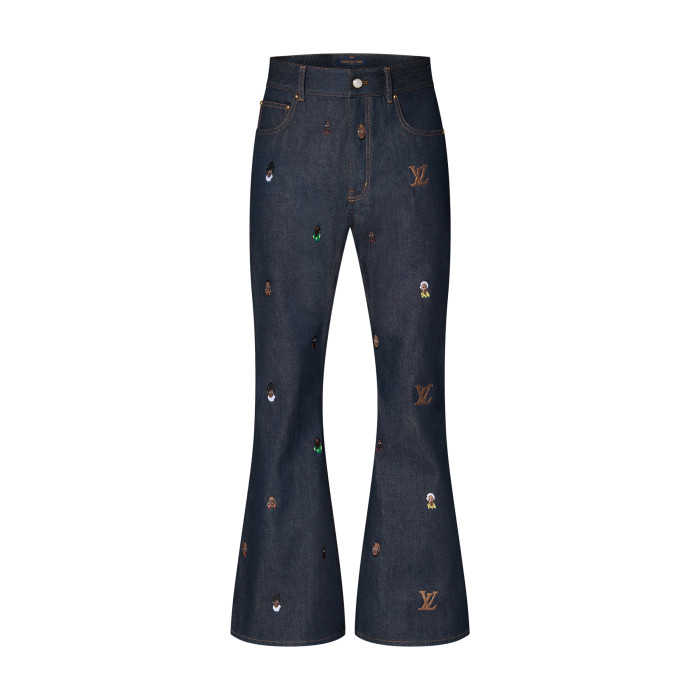 NIGO Louis Vuitton Men's Spring And Fall Dark Blue Monogrammed Embroidered Single-breasted Button Lapel Loose Casual Denim Long-sleeved Jacket Flared Jeans Pants Set Suit #nigo73275