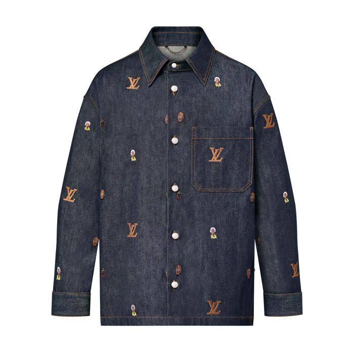 NIGO Louis Vuitton Men's Spring And Fall Dark Blue Monogrammed Embroidered Single-breasted Button Lapel Loose Casual Denim Long-sleeved Jacket Flared Jeans Pants Set Suit #nigo73275