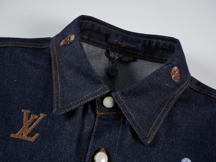 NIGO Louis Vuitton Men's Spring And Fall Dark Blue Monogrammed Embroidered Single-breasted Button Lapel Loose Casual Denim Long-sleeved Jacket Flared Jeans Pants Set Suit #nigo73275