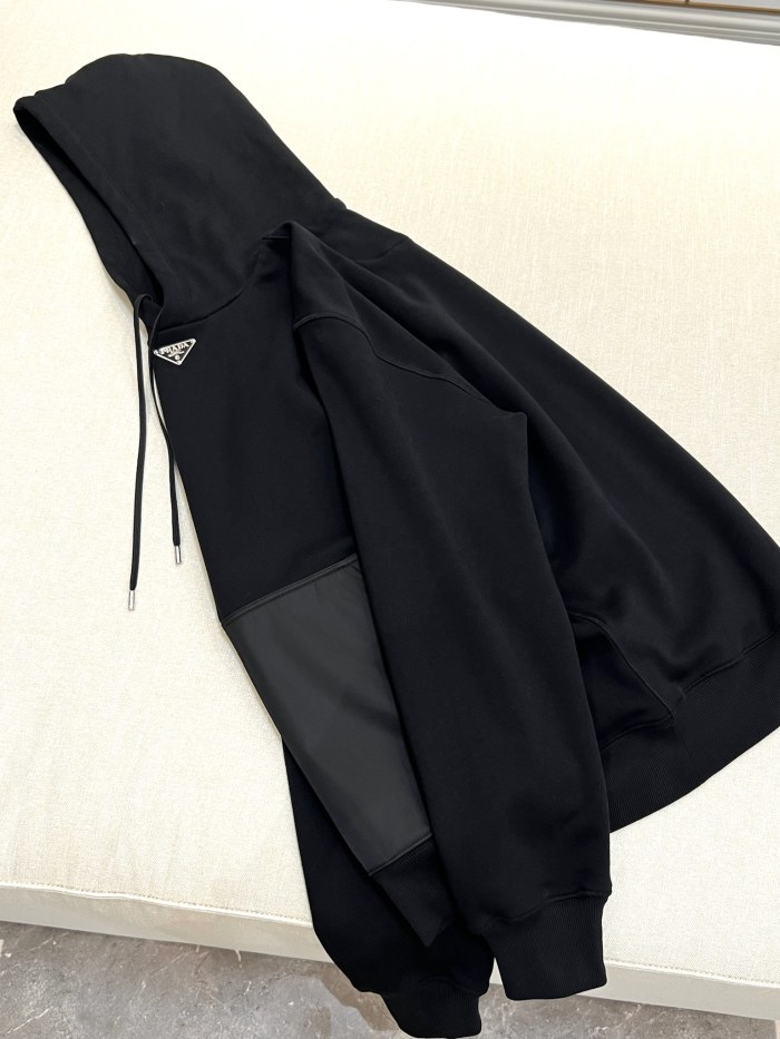 NIGO Prada Men's Spring and Fall Triangle Metal Label Black Cotton Hooded Drawstring Loose Sweatshirt Pullover #nigo73284