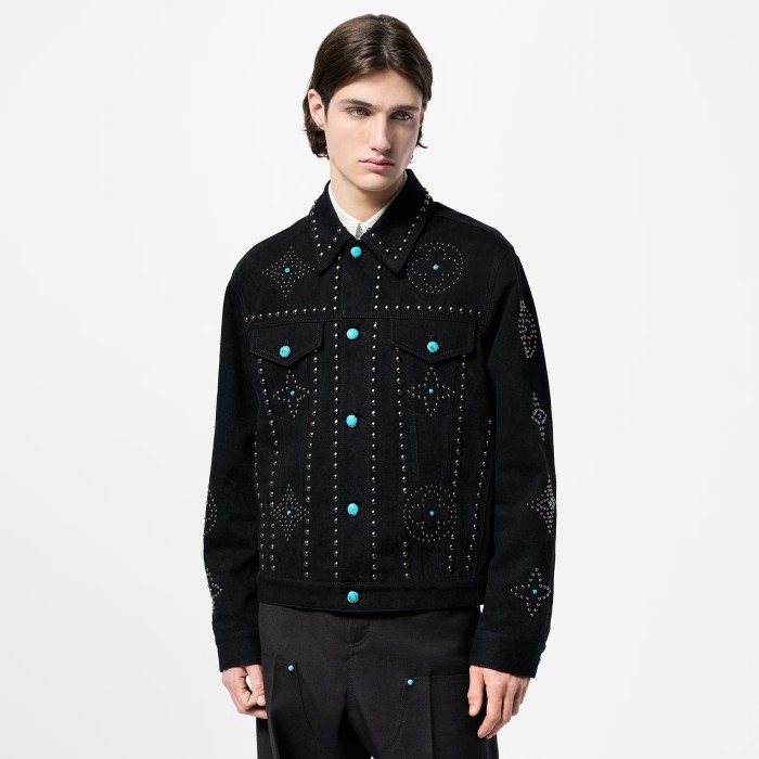 NIGO Louis Vuitton Men's Fall/Winter Black Logo Pattern Embroidery Lapel Long Sleeve Denim Jacket #nigo73291
