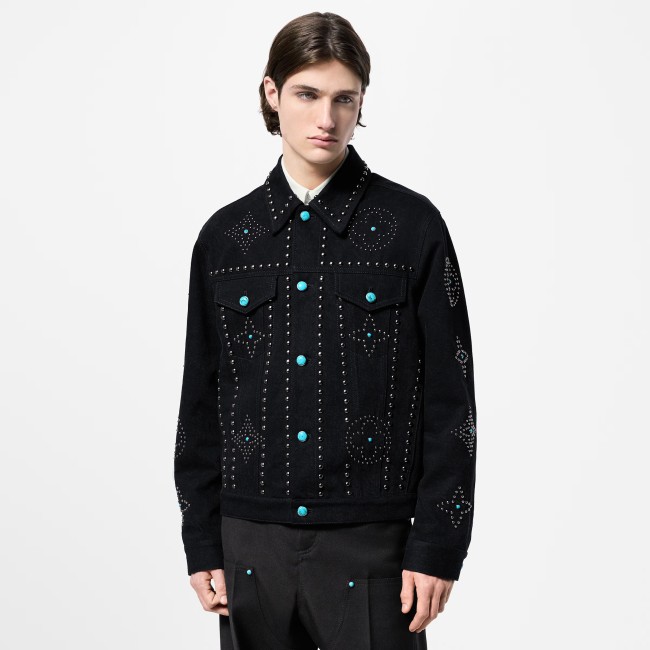 NIGO Louis Vuitton Men's Fall/Winter Black Logo Pattern Embroidery Lapel Long Sleeve Denim Jacket #nigo73291
