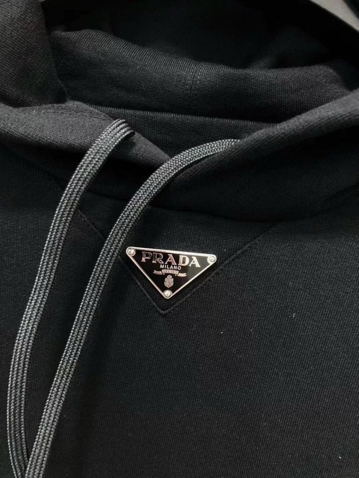 NIGO Prada Men's Spring and Fall Triangle Metal Label Black Cotton Hooded Drawstring Loose Sweatshirt Pullover #nigo73284