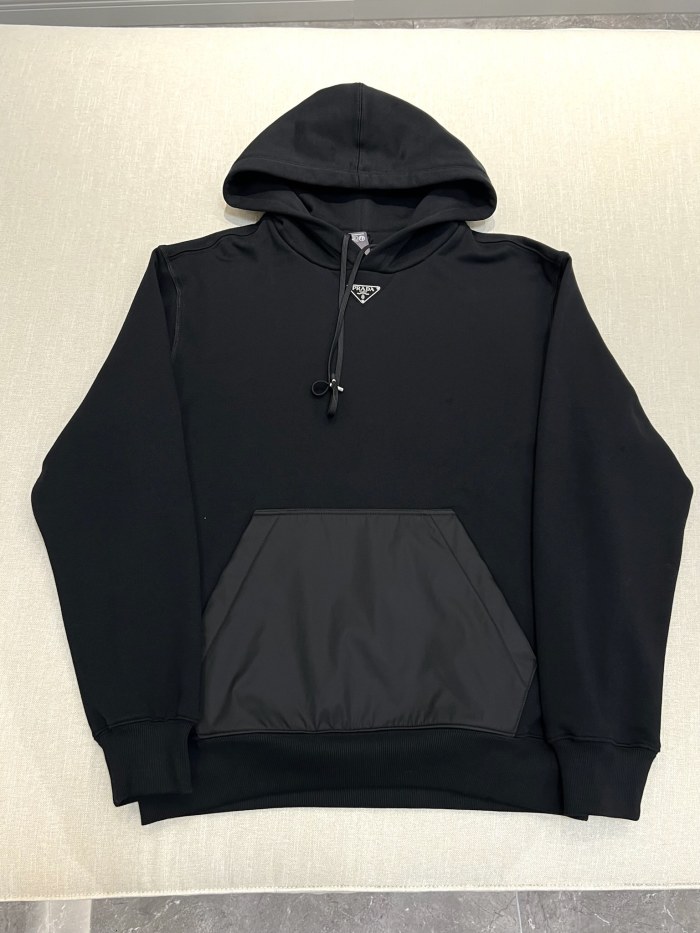 NIGO Prada Men's Spring and Fall Triangle Metal Label Black Cotton Hooded Drawstring Loose Sweatshirt Pullover #nigo73284