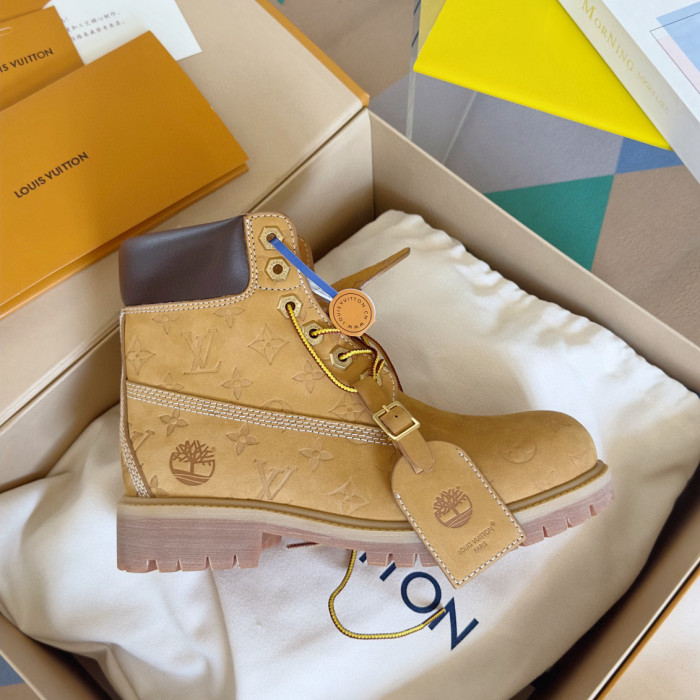 NIGO Louis Vuitton Men's And Women's Fall And Winter Old Flower Print Round Head Lace Up Embossed Waterproof Suede And Ankle Boots Martin Boots Shoes #nigo73221