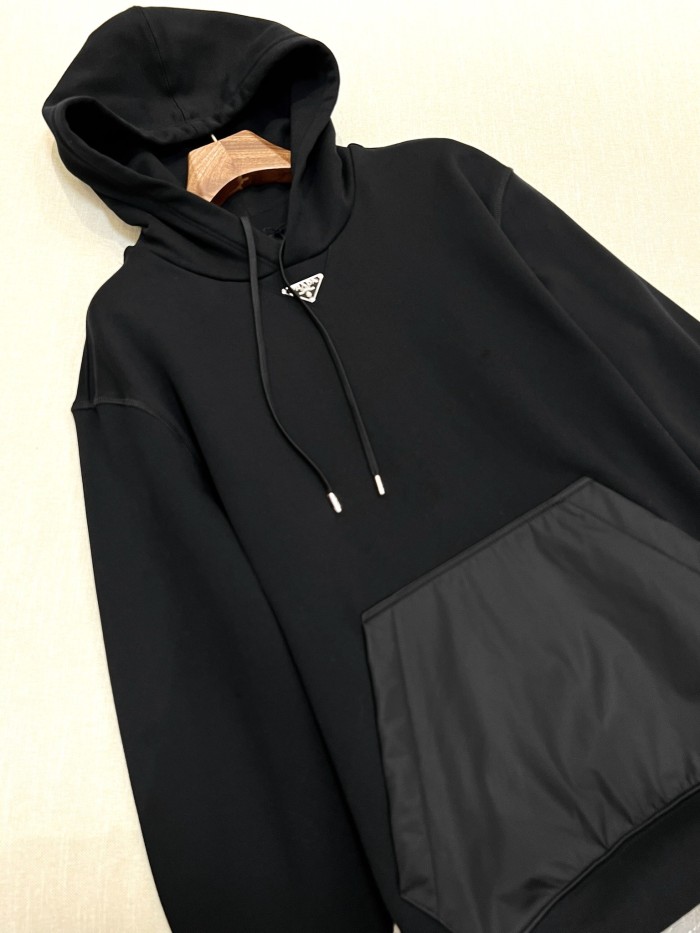 NIGO Prada Men's Spring and Fall Triangle Metal Label Black Cotton Hooded Drawstring Loose Sweatshirt Pullover #nigo73284