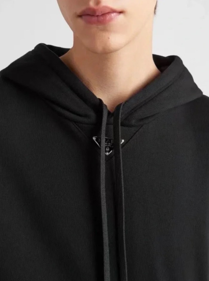 NIGO Prada Men's Spring and Fall Triangle Metal Label Black Cotton Hooded Drawstring Loose Sweatshirt Pullover #nigo73284