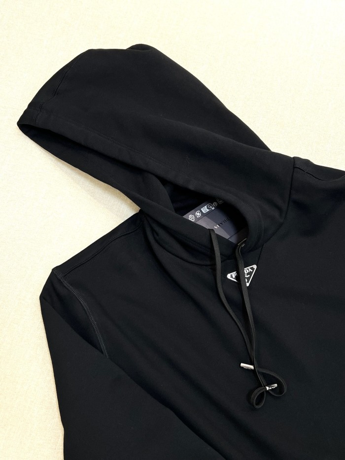 NIGO Prada Men's Spring and Fall Triangle Metal Label Black Cotton Hooded Drawstring Loose Sweatshirt Pullover #nigo73284