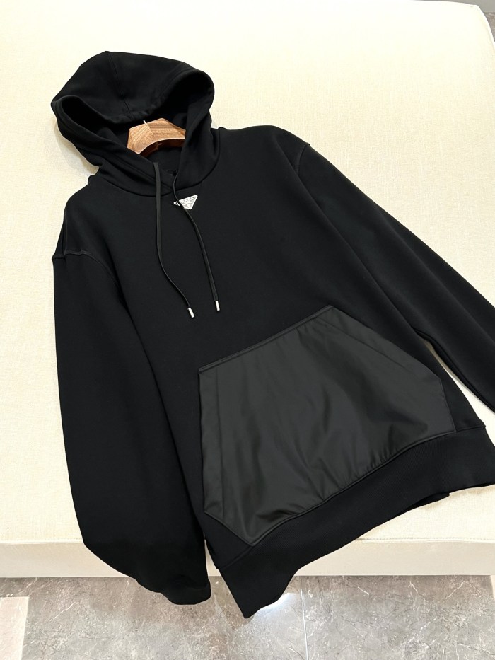 NIGO Prada Men's Spring and Fall Triangle Metal Label Black Cotton Hooded Drawstring Loose Sweatshirt Pullover #nigo73284