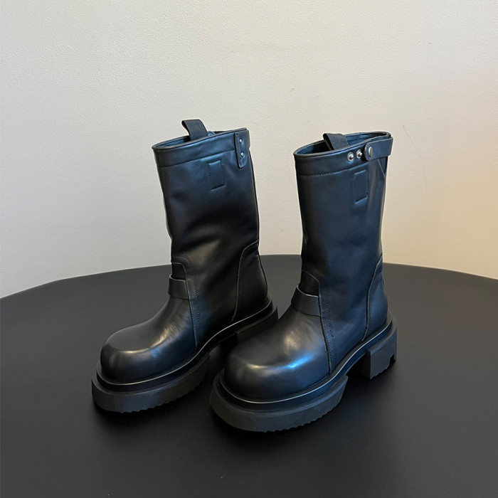 NIGO Rick Owens Women's Solid Color Autumn And Winter Leather Thigh High Boots Casual Shoes Lace Up Round Head Short Boots Ngvp #nigo9368