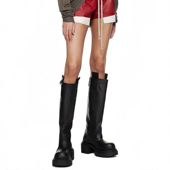 NIGO Rick Owens Women's Solid Color Autumn And Winter Leather Thigh High Boots Casual Shoes Lace Up Round Head Short Boots Ngvp #nigo9368