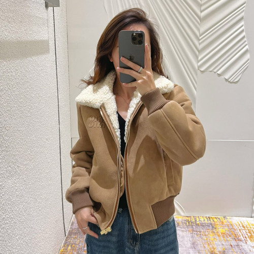 NIGO MiuMiu Women's Autumn and Winter Solid Color Logo Letter Printed Zipper Long Sleeve Leather Jacket #nigo73314